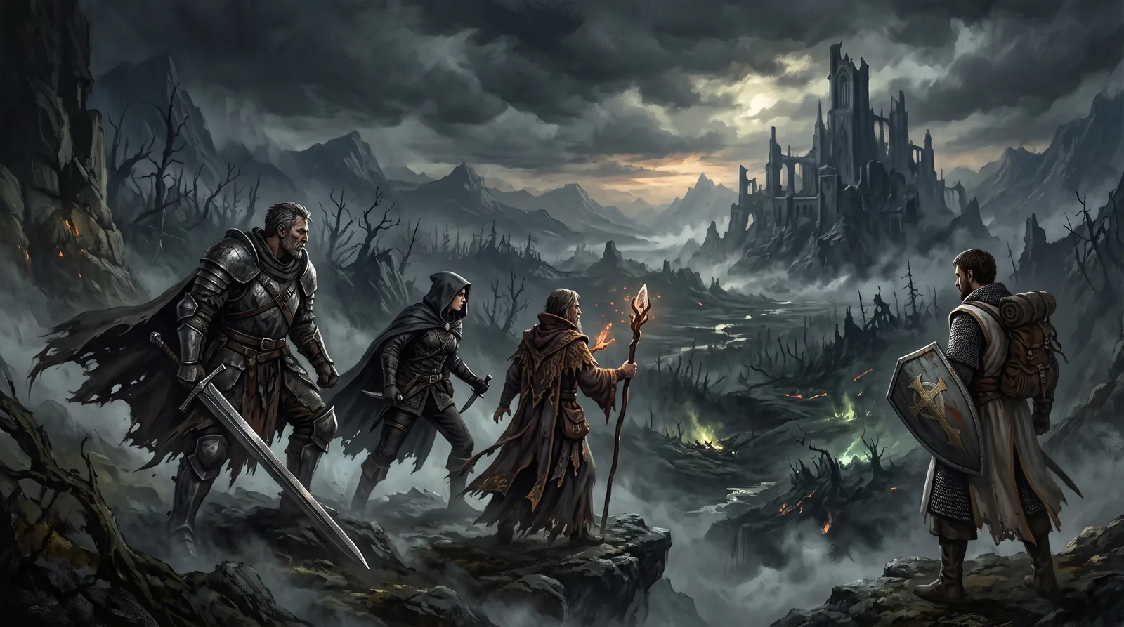 A warband overlooks a dark valley and distant fortress