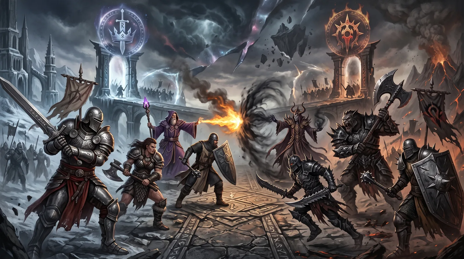 Opposing warbands face each other between the portals of two realms