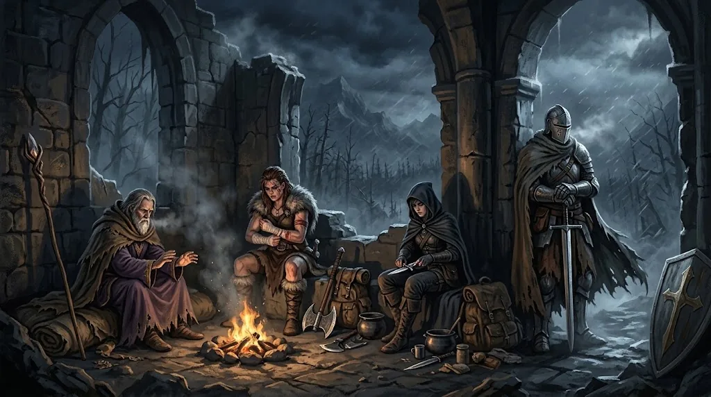 A warband rests around a campfire among ruined arches