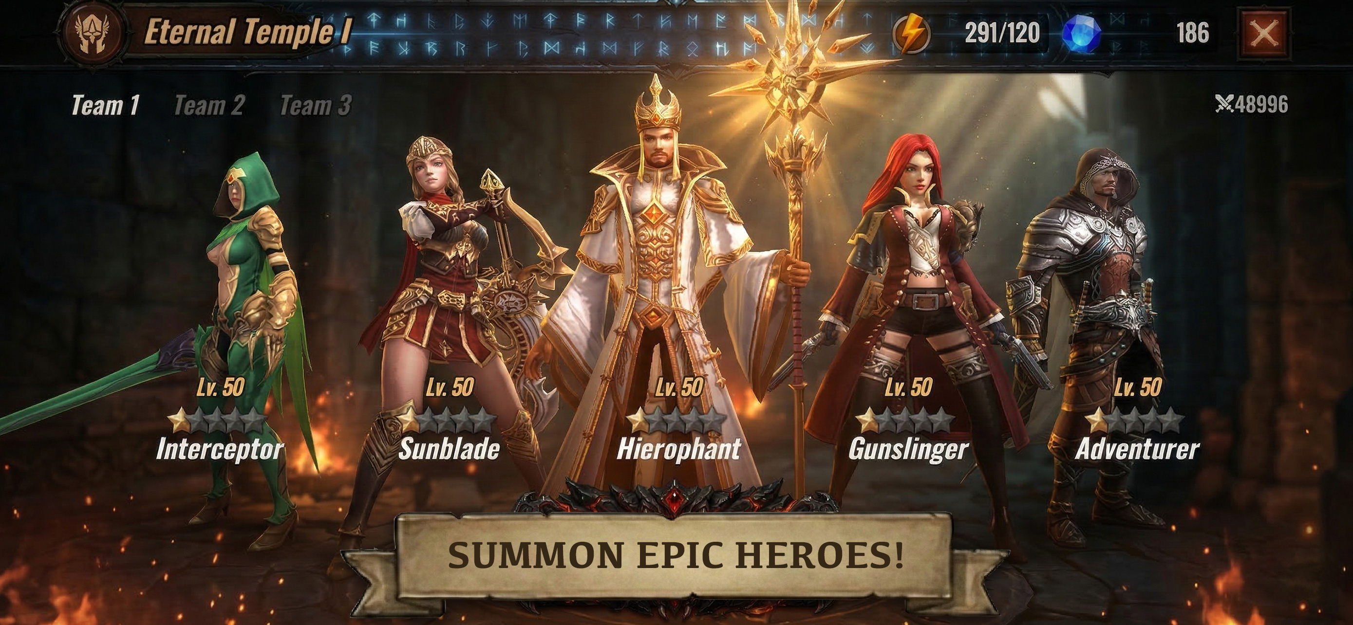 Arcane Heroes 2 character lineup screen