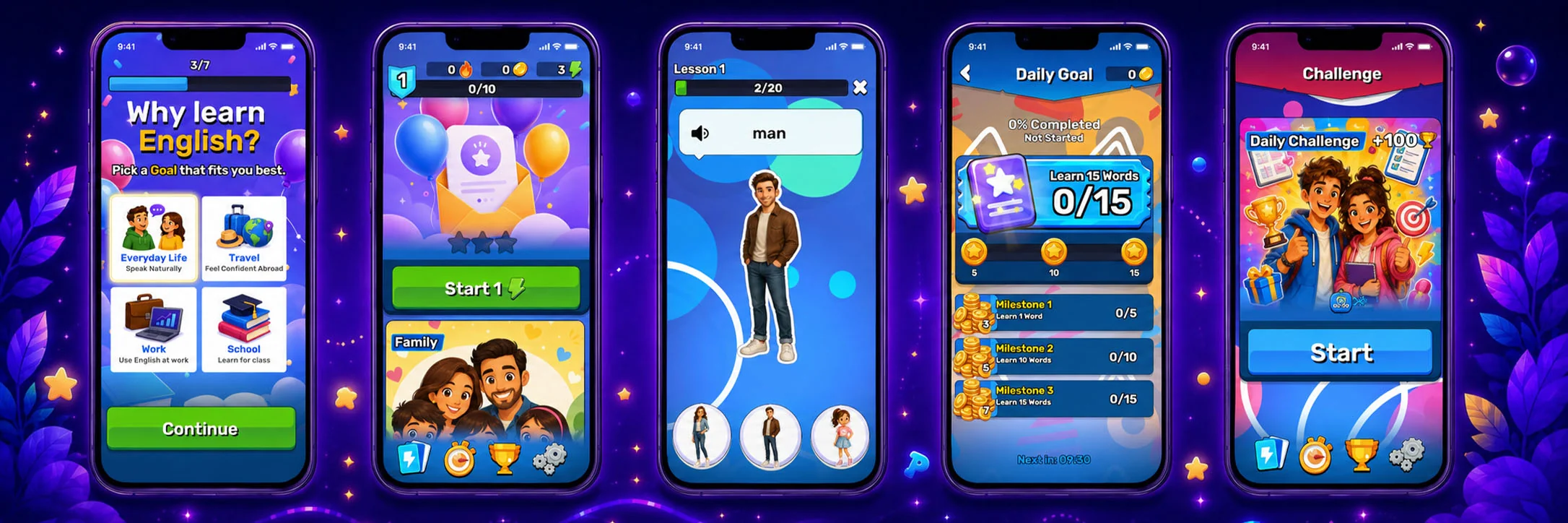 Lexi lesson, vocabulary, quiz, progress and achievements screens
