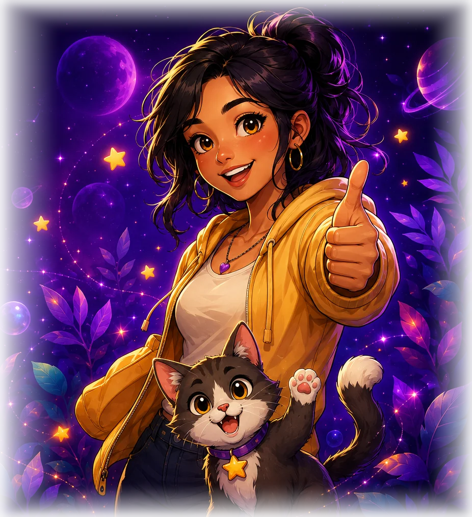 Lexi character and cat celebrating English learning